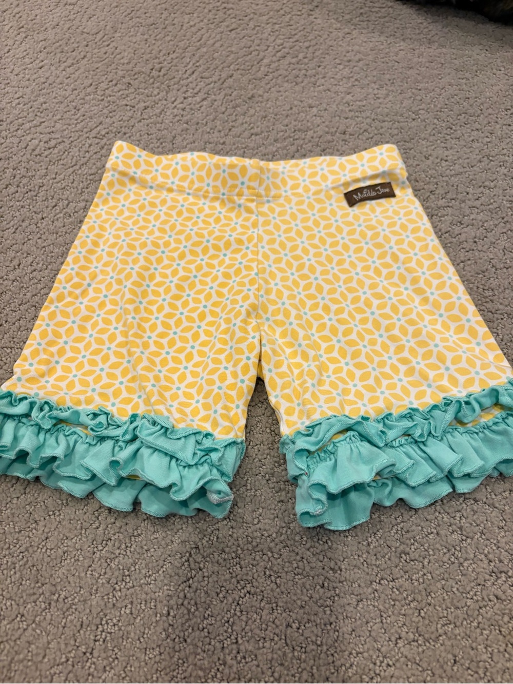 Matilda Jane Yellow Geometric Shorts with Aqua Ruffle Trim